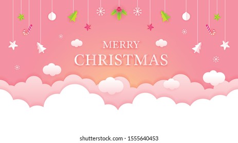 Christmas Cloud Background with Hanging Decorations, Merry Christmas and Happy New Year