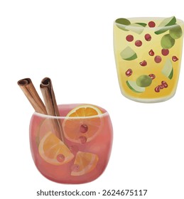 Christmas cocktail, Fruity Festive Punch, vector, watercolor, printable illustration, party drinks, bar cocktails, cocktail set, for menu