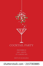 Christmas Cocktail party invitation. Holiday card, flyer. Bunch of mistletoe and martini glass. Vector illustration. Eps 10.