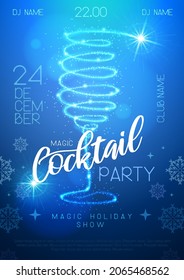 Christmas cocktail party poster with glowing shiny trail like champagne glass. Vector illustration