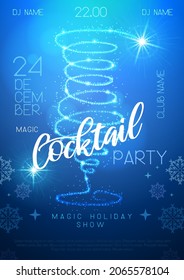 Christmas cocktail party poster with glowing shiny trail like tequila sunrise cocktail. Vector illustration