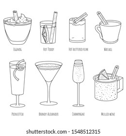 Christmas cocktails. Vector cartoon illustrations. Isolated objects on a white background. Hot and cold drinks. Flat design.
