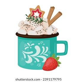 Christmas cocoa cup. Cartoon hot cocoa with marshmallows, xmas festive hot beverage cup flat vector illustration. Sweet winter holiday drink