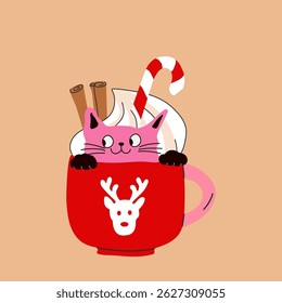 Christmas Cocoa Cup with Cute Cat.  Cozy Winter Scene