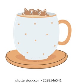 Christmas cocoa drink with gingerbread cookies. Cup with hot drink. Traditional warm cozy chocolate in a simple mug with stars with a stand. Flat illustration for winter holidays