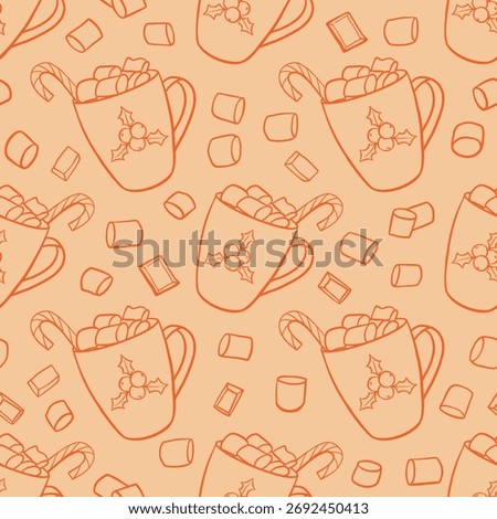 Christmas cocoa drink with marshmallows pattern. Hot chocolate drink repeat background. Winter season sweet drink doodle illustration