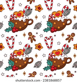 Christmas cocoa with marshmallow and candy cane. Seamless pattern. Vector.