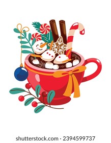 Christmas cocoa with marshmallows in the shape of a snowman.  Cute christmas print. Vector.