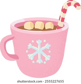 Christmas cocoa. Mug with hot cocoa. Christmas hot drink cup. Pink mug with cocoa. Xmas candy. Hot chocolate with marshmallow. Vector illustration