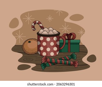Christmas coffe still life with marshmallow, candys, tangerine and gift.