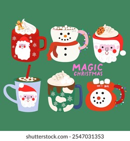 Christmas coffee and cacao drinks collection. Mugs of Cocoa with marshmallow, coffee with cream. Flat cartoon different hot beverages on a green background and pink inscription