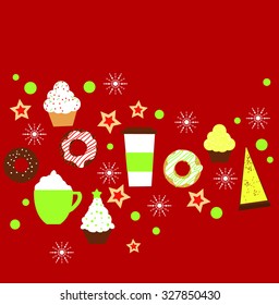 Christmas coffee and cakes, cupcakes. Christmas card.Vector illustration