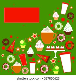 Christmas coffee and cakes, cupcakes. Christmas card.Vector illustration