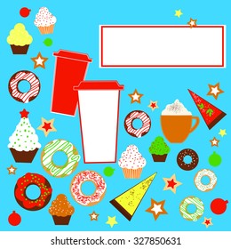 Christmas coffee and cakes, cupcakes. Christmas card.Vector illustration
