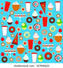 Christmas coffee and cakes, cupcakes . Vector pattern