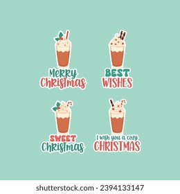 Christmas coffee cocktails badges, stickers set with quotes. Merry Christmas, Best wishes, Sweet Christmas, I wish you a merry Christmas.