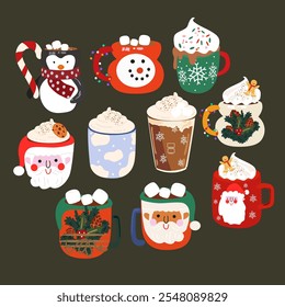 Christmas coffee cup and cacao drinks collection. Mugs for Xmas, New year or winter holidays. Cartoon winter warming drinks. Mugs of cacao with marshmallow, coffee with cream