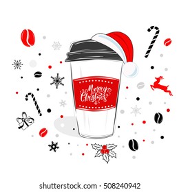 Christmas coffee cup with hand drawn lettering over holiday background vector illustration. Christmas creative greeting card design.