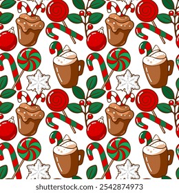 Christmas coffee cup, lollipops and cinnamon vector seamless pattern. christmas and new year decoration.	