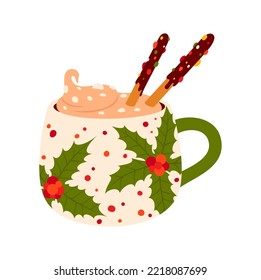 Christmas coffee cup with mistletoe print, mug Xmas kitchen crockery with hot eggnog, whipped cream and chocolate sticks. Ice cream with coffee