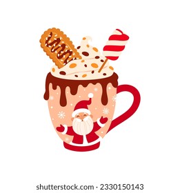 Christmas coffee cup with Santa Claus, eggnog drink in mug with funny Xmas character. Vector hot chocolate with chocolate and candy cane