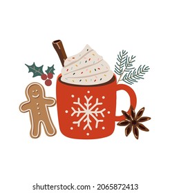 Christmas coffee cup vector, Cozy winter illustration, Christmas illustration vector, New year banner illustration, Abstract isolated colored cup with biscuits
