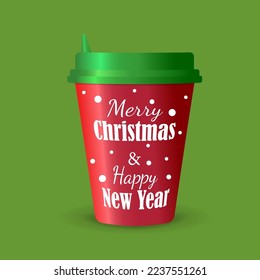 Christmas coffee cup wishing Merry Christmas and Happy New Year. Green, red and white. Vector design.