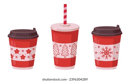 Christmas coffee cups. Cartoon red paper cups with hot coffee, tea or cocoa. Coffee cup with hot drinks flat vector illustration set