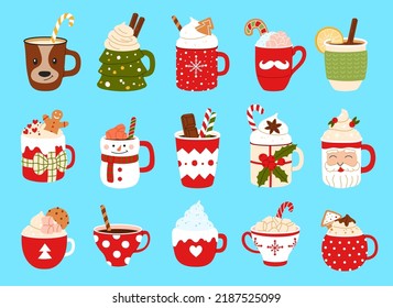 tazas de café de Navidad y tazas de té, vajilla de cocina con chocolate caliente, tazas de bebidas vectoriales. Animación de vacaciones de invierno vasos de Navidad de vino asado con galletas de jengibre, Santa, caña de caramelo y copos de nieve