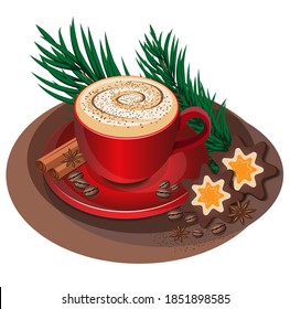 Christmas coffee drink. Delicious coffee with cinnamon. Cappuccino coffee for design