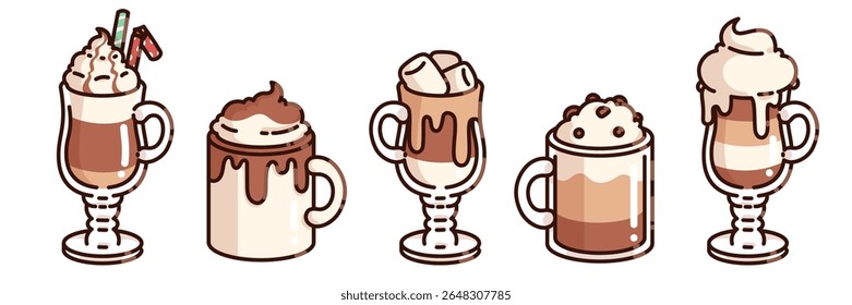 Christmas coffee drinks set - hot chocolate with whipped cream and candy canes, dripping cocoa mugs, marshmallow topped beverages, layered latte. Cozy holiday festive winter cafe menu designs.