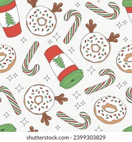 Christmas coffee to go donut with reindeer horns candy cane vector seamless pattern. Xmas holiday festive season treats sweets snacks food background.