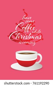 Christmas Coffee greeting card vertical with smoke pine tree shape and message, pink background vector illustration