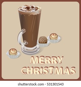 Christmas coffee latte with cream. Vector image. Design the dessert menu, brochures, banners, flyers