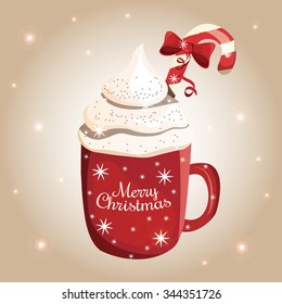 Christmas Coffee (Latte, hot chocolate) drink with Candy Cane and Cream. Vector illustration