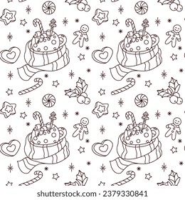 Christmas coffee with marshmallow and candy cane. Seamless pattern. Vector.