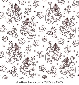 Christmas coffee with marshmallow and candy cane. Seamless pattern. Vector.