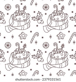 Weihnachtskaffee mit Marshmallow und Bonbons. Nahtloses Muster. Vektorgrafik.