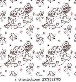 Christmas coffee with marshmallow and candy cane. Seamless pattern. Vector.