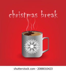 Christmas coffee mugs in Christmas break time, simple clip art vector illustration .abstract background color in red