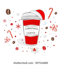 Christmas coffee paper cup decoration element  with text over holiday background vector illustration. Christmas greeting card design.