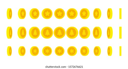 Christmas coins set rotating. Vector sprite sheet isolated on white background. Can be used for GIF animation 