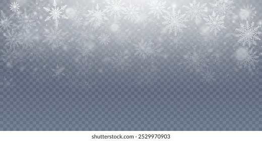 Christmas cold blizzard effect with snow. Vector texture Cold winter wind with snowflakes on transparent background.