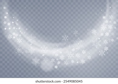 Christmas cold blizzard effect with snow. Vector texture Cold winter wind with snowflakes on transparent background.