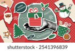 Christmas collage banner with human hand photo and Christmas objects. Christmas trendy background.