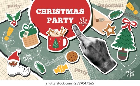 Christmas collage banner with Christmas objects and human hand pointing to the text. Christmas trendy background.