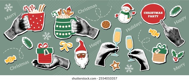 Christmas collage banner with Christmas objects and human hands. Christmas trendy pop art background.