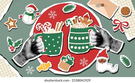 Christmas collage banner with Christmas objects and mugs in human hands. Christmas trendy background. 