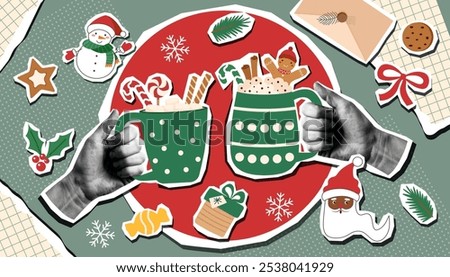 Christmas collage banner with Christmas objects and mugs in human hands. Christmas trendy background. 