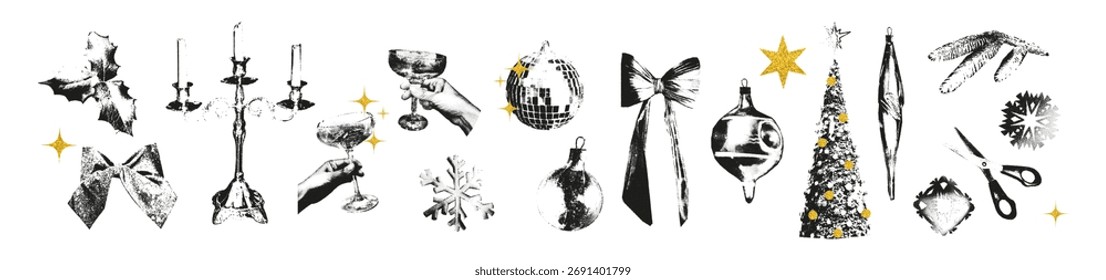 Elementos de collage de Navidades con textura vintage de fotocopia punteada y brillo dorado. Antiguas fiesta de invierno, adornos, arco, bola de discoteca, acebo, copo de nieve. Moderno grunge retro glam Ilustración vectorial